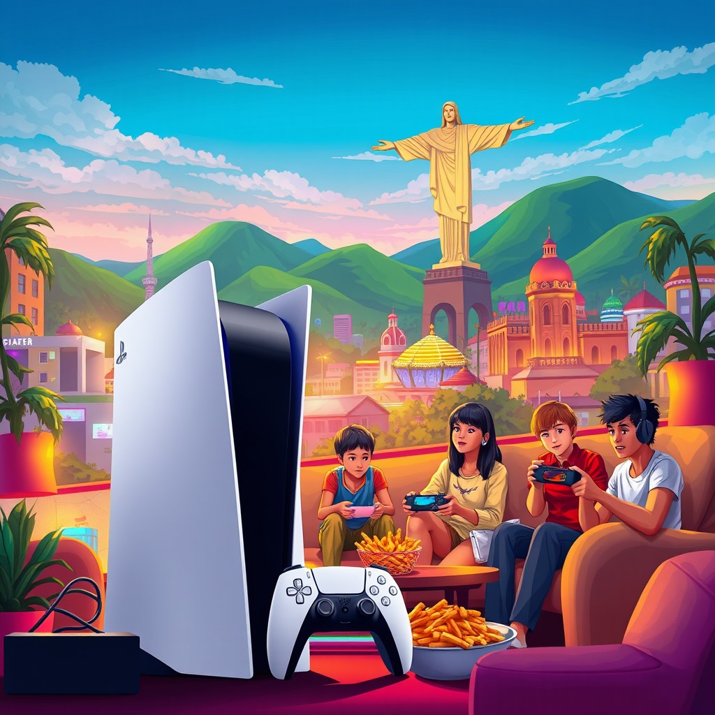 A vibrant and dynamic illustration showcasing a PlayStation 5 console set against the backdrop of the Cochabamba cityscape in Bolivia