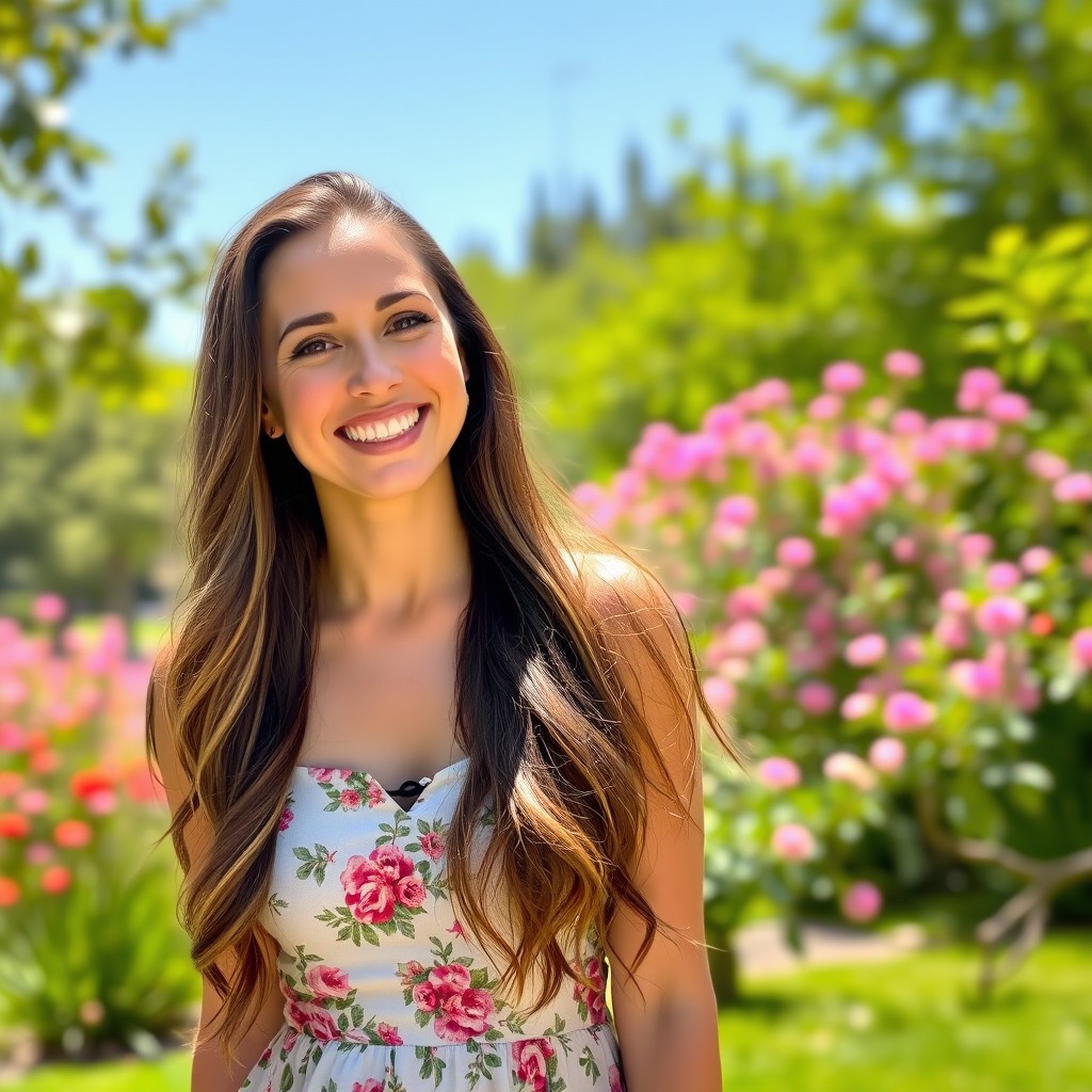 A smiling woman with long, flowing hair and bright eyes, standing in a sunlit park