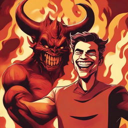 A playful image of a person taking a selfie with a grinning demon. The demon's red complexion, horns, and mischievous smile caught in the camera against a fiery inferno backdrop.