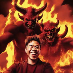 A playful image of a person taking a selfie with a grinning demon. The demon's red complexion, horns, and mischievous smile caught in the camera against a fiery inferno backdrop.