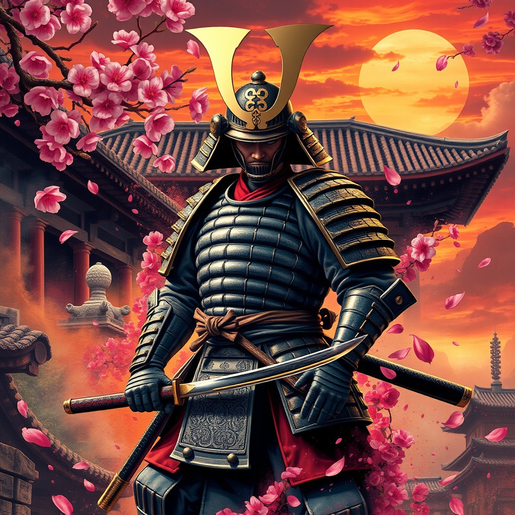A striking image of a traditional Samurai warrior in full armor, standing confidently with a katana at the ready