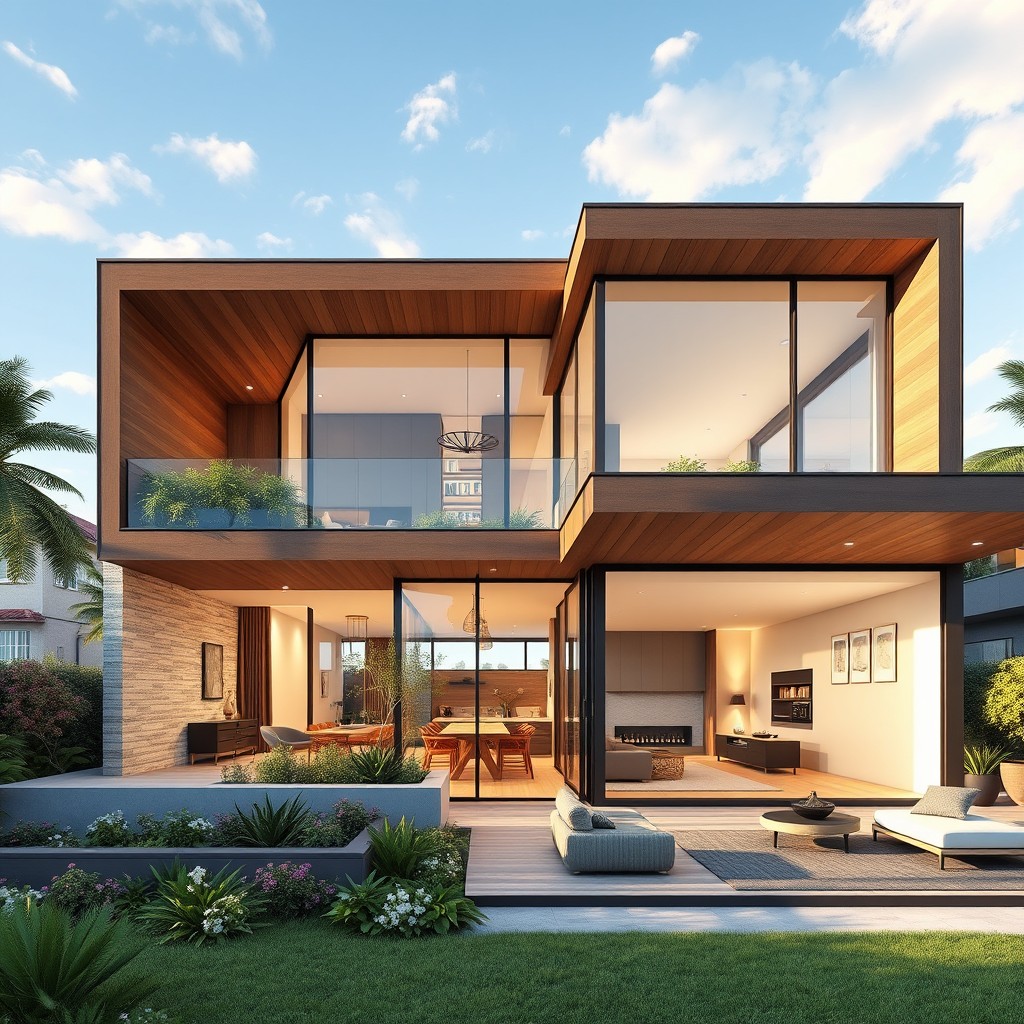 A stunning 3D architectural rendering showcasing a modern residential home design, featuring sleek contemporary lines, large glass windows, and an inviting outdoor space with a beautifully landscaped garden