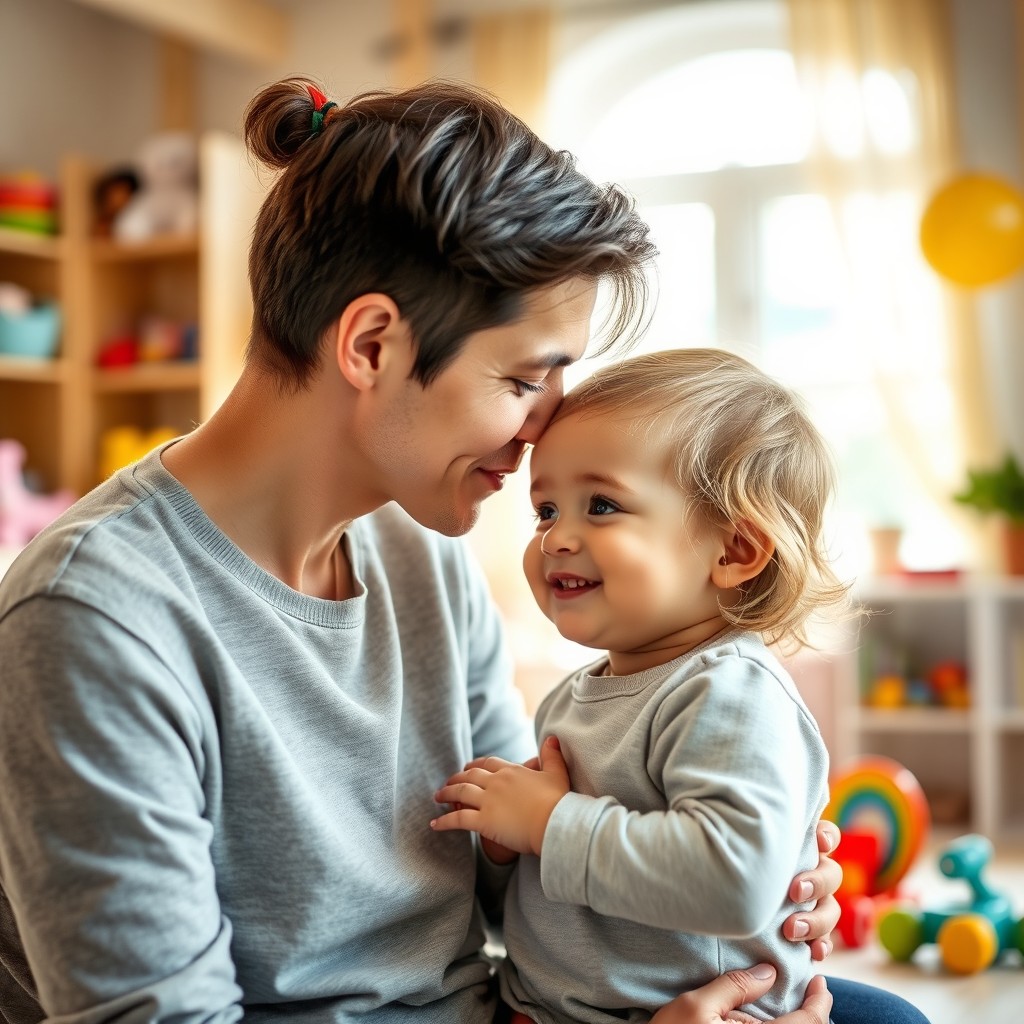 A warm and loving scene of a young parent gently kissing their child on the forehead, capturing a moment of affection and bonding