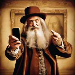 A fun, anachronistic image of a person taking a selfie with Leonardo da Vinci. Da Vinci, in his traditional Renaissance era clothing, is caught looking amused by the smartphone, with his famous works in the background.