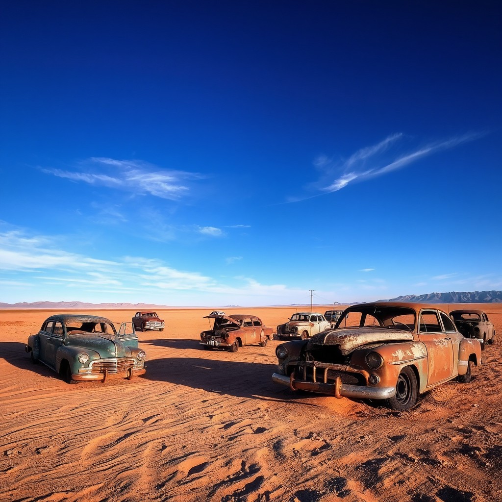 A desolate desert landscape featuring multiple rusty and broken down cars scattered throughout the sandy terrain