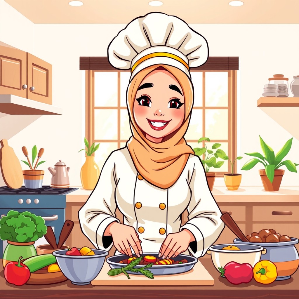 A colorful vector image of a female chef wearing a traditional jilbab and a chef's hat