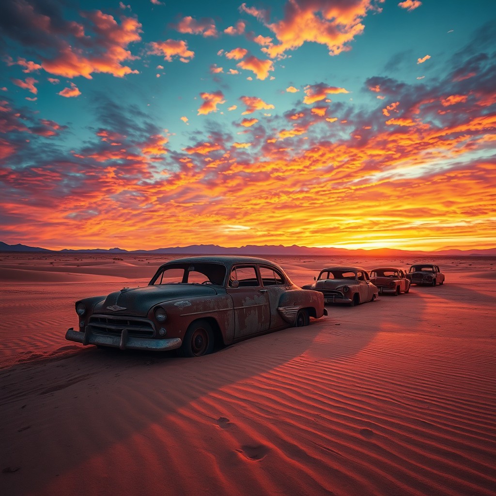 A stunning desert scene at sunset, featuring several rusty and broken down cars scattered across the sandy landscape