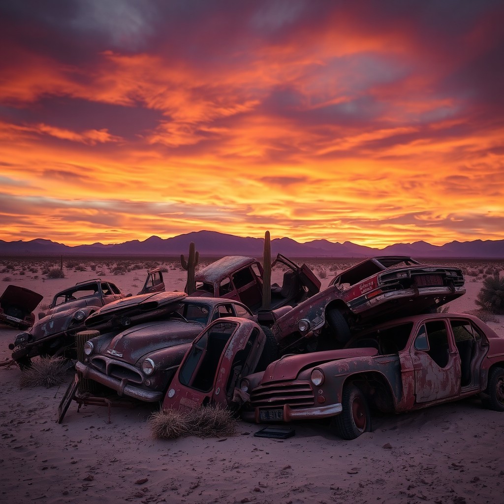 A captivating desert scene at sunset, featuring a chaotic arrangement of rusty and broken down cars haphazardly piled together on the sandy ground