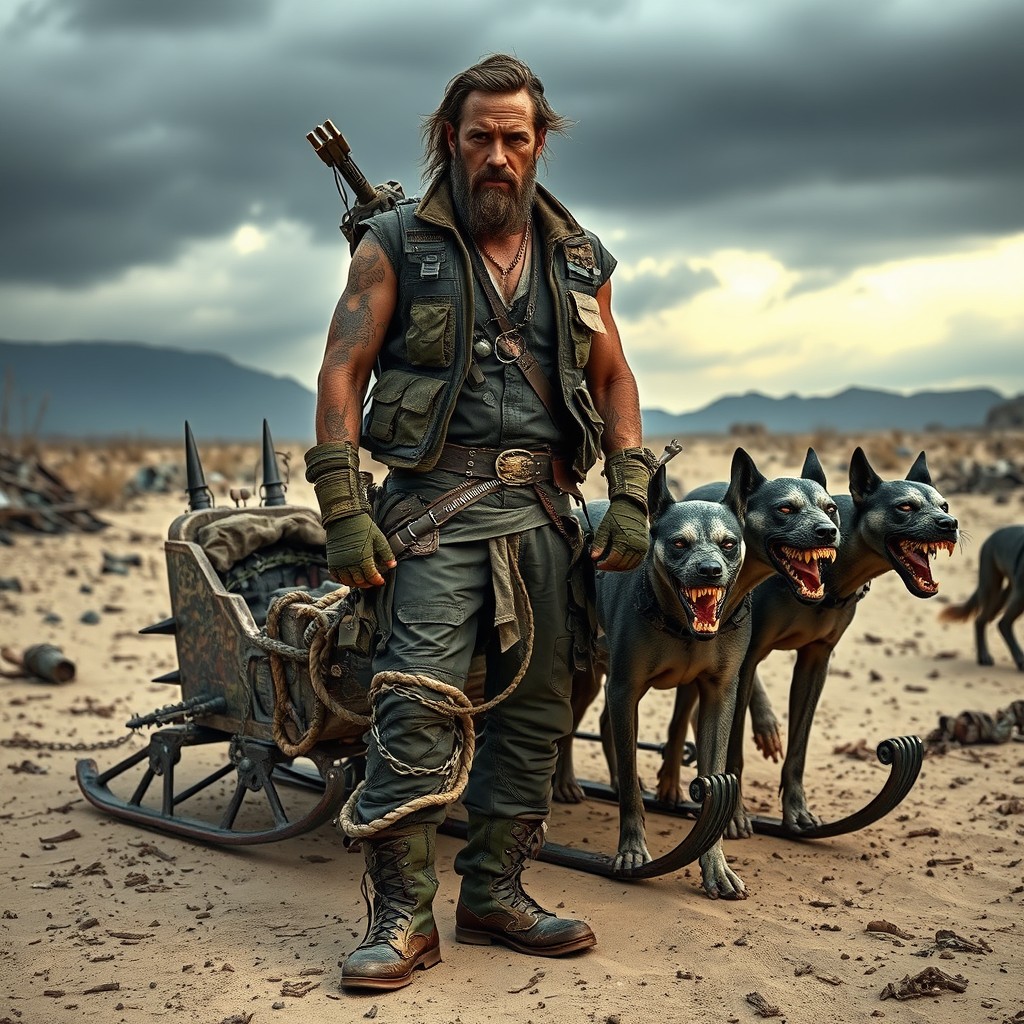 A rugged man inspired by Mad Max style, with an impressive, weathered look, wearing a mix of leather and post-apocalyptic gear