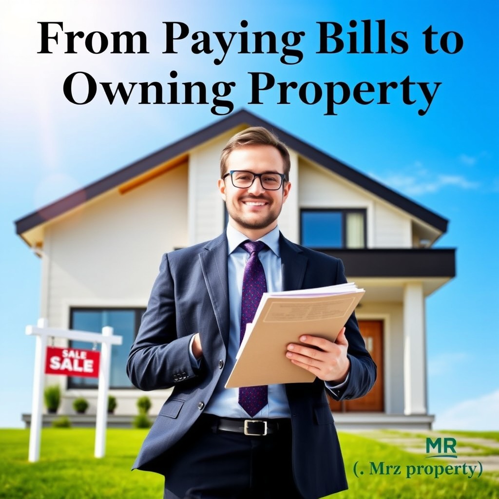 A motivational and empowering image representing the journey of financial growth from paying bills to owning property