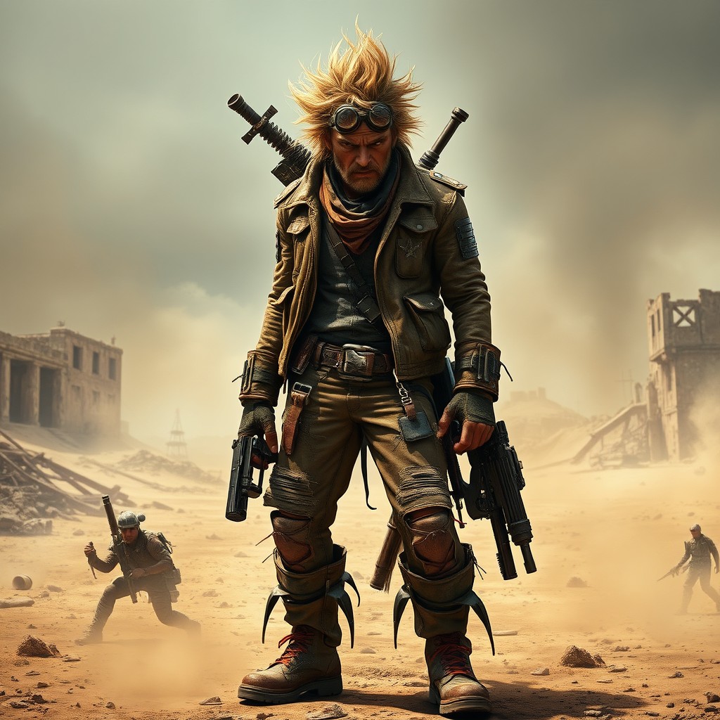 A fierce character inspired by the Mad Max universe, dressed in rugged, post-apocalyptic clothing including a weathered leather jacket, torn pants, and heavy boots