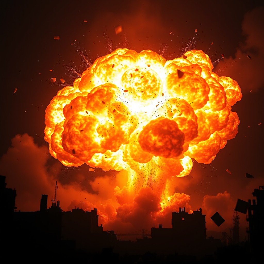 A stunning scene depicting a massive explosion, with bright fiery flames bursting outwards, creating a dramatic contrast against a dark, smoky background