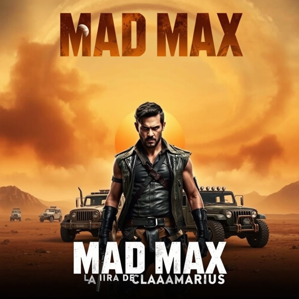 A dynamic and gritty movie poster for a film titled 'Mad Max: La Ira de Claramarius'