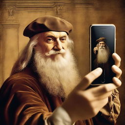 A fun, anachronistic image of a person taking a selfie with Leonardo da Vinci. Da Vinci, in his traditional Renaissance era clothing, is caught looking amused by the smartphone, with his famous works in the background.