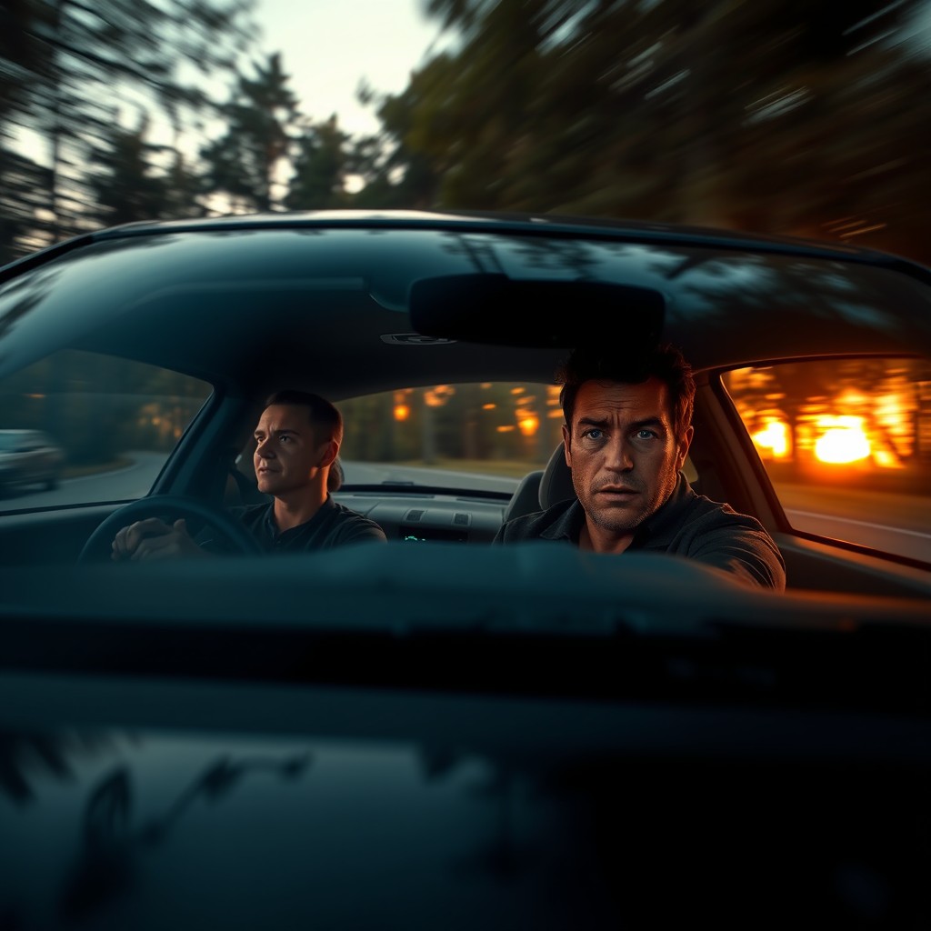 A dramatic scene showcasing a man urgently driving a sleek, modern car on a winding road, his expression intense and focused