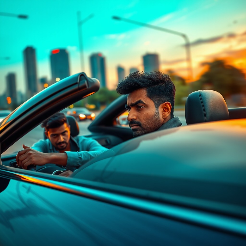 An Indian man driving a sleek, modern car at high speed on a busy city street, looking concerned as he glances at his injured friend in the passenger seat