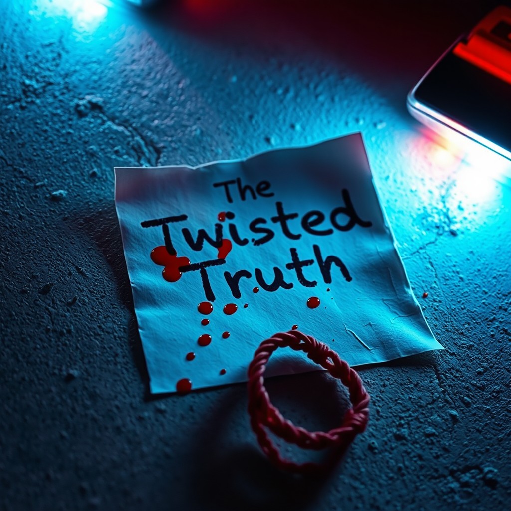 A close-up view of a little piece of paper reading 'The Twisted Truth', featuring scattered splatters of blood around it