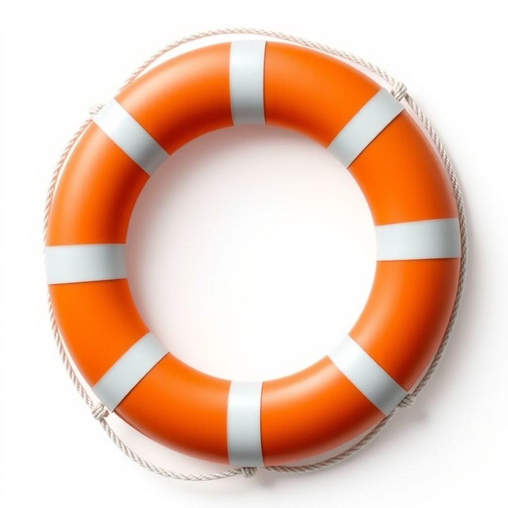 A classic orange lifebuoy featuring a circular shape, bright orange color prominently displayed with white reflective stripes at four evenly spaced points