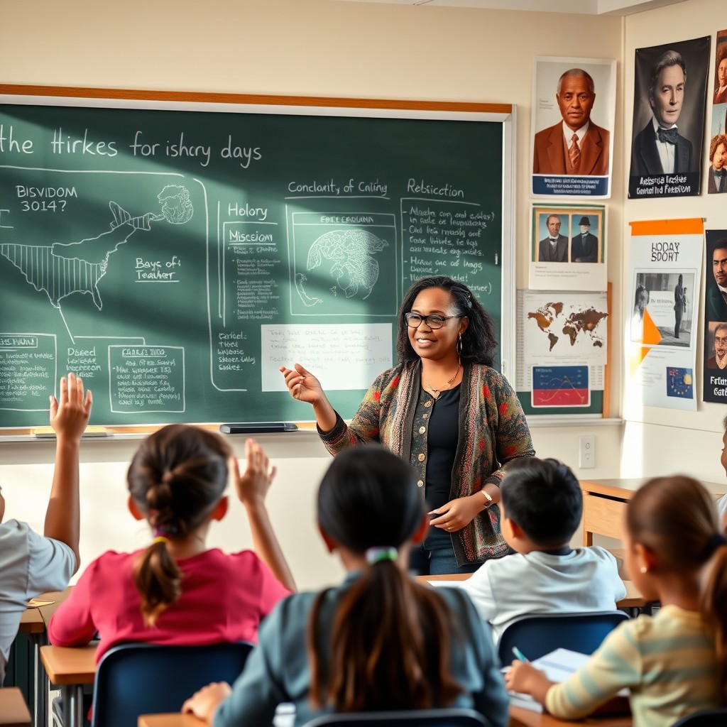 A dedicated history teacher standing in front of a chalkboard filled with historical diagrams and timelines, passionately engaging with a diverse group of students in a classroom