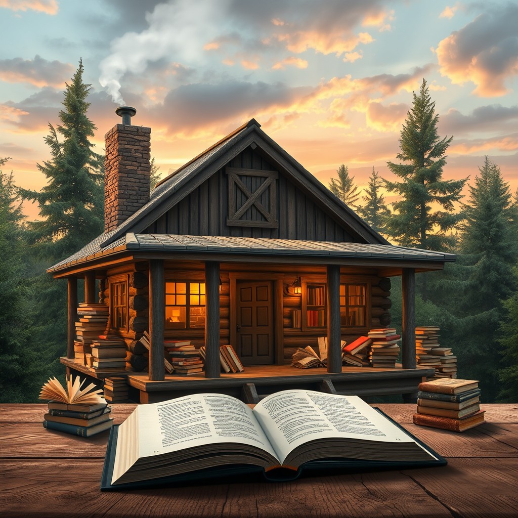 An epic book cover featuring a cozy, inviting cabin surrounded by lush trees and a serene atmosphere