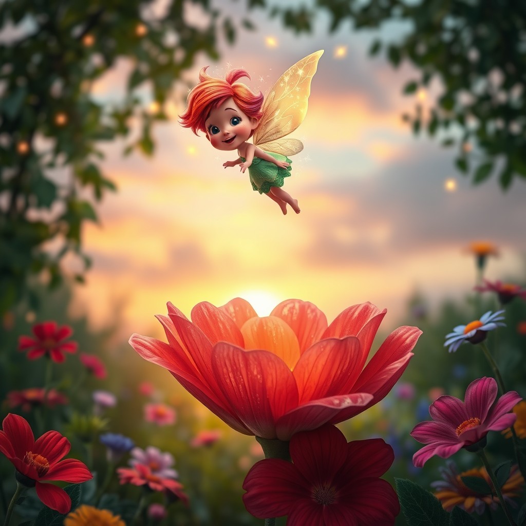 An enchanting scene featuring a tiny, whimsical fairy with sparkling wings, floating above an oversized, vibrant flower in a lush garden