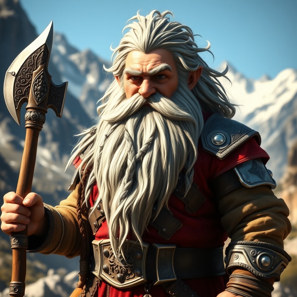 An impressive dwarf character with a majestic silver-decorated beard, showcasing intricate silver ornaments woven into the hair