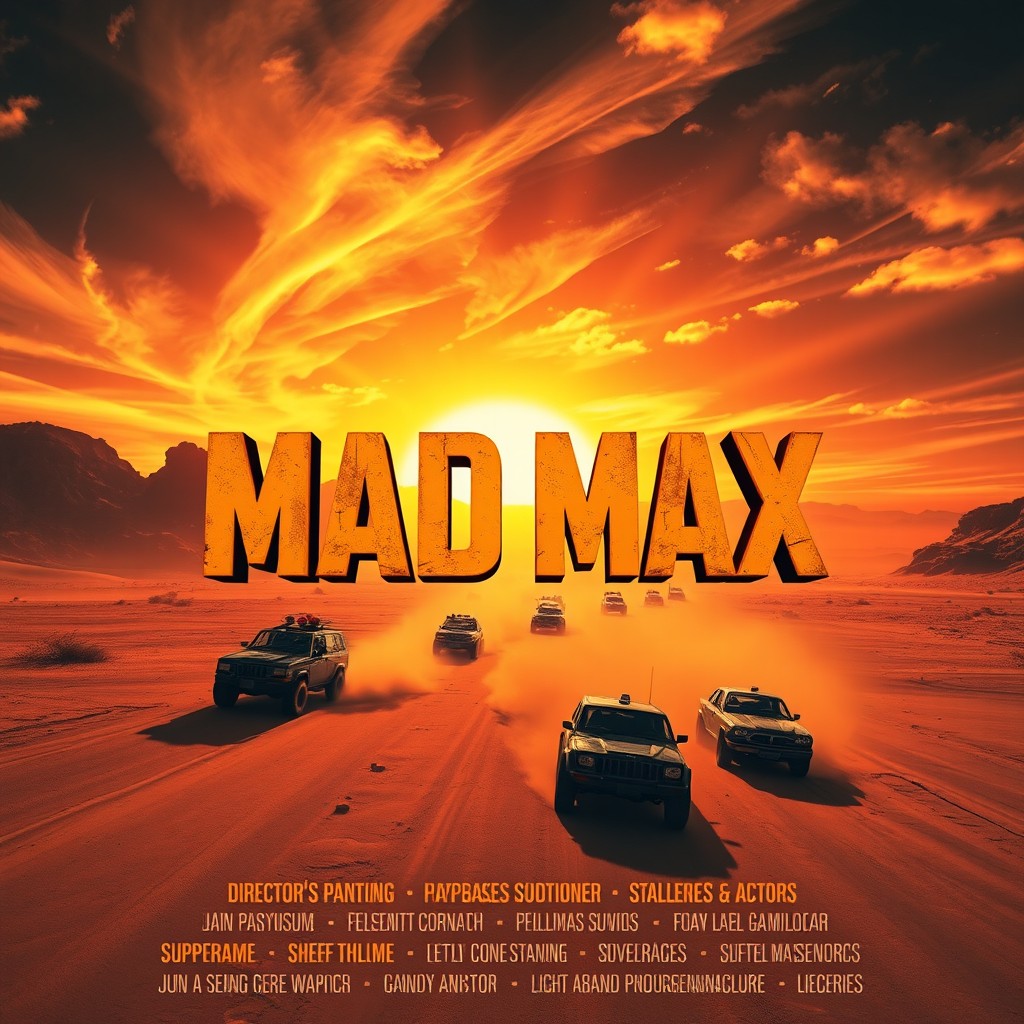 The vibrant and dynamic opening credits of a Mad Max-inspired film, showcasing a post-apocalyptic desert landscape with dramatic skies filled with swirling dust and intense sunbeams