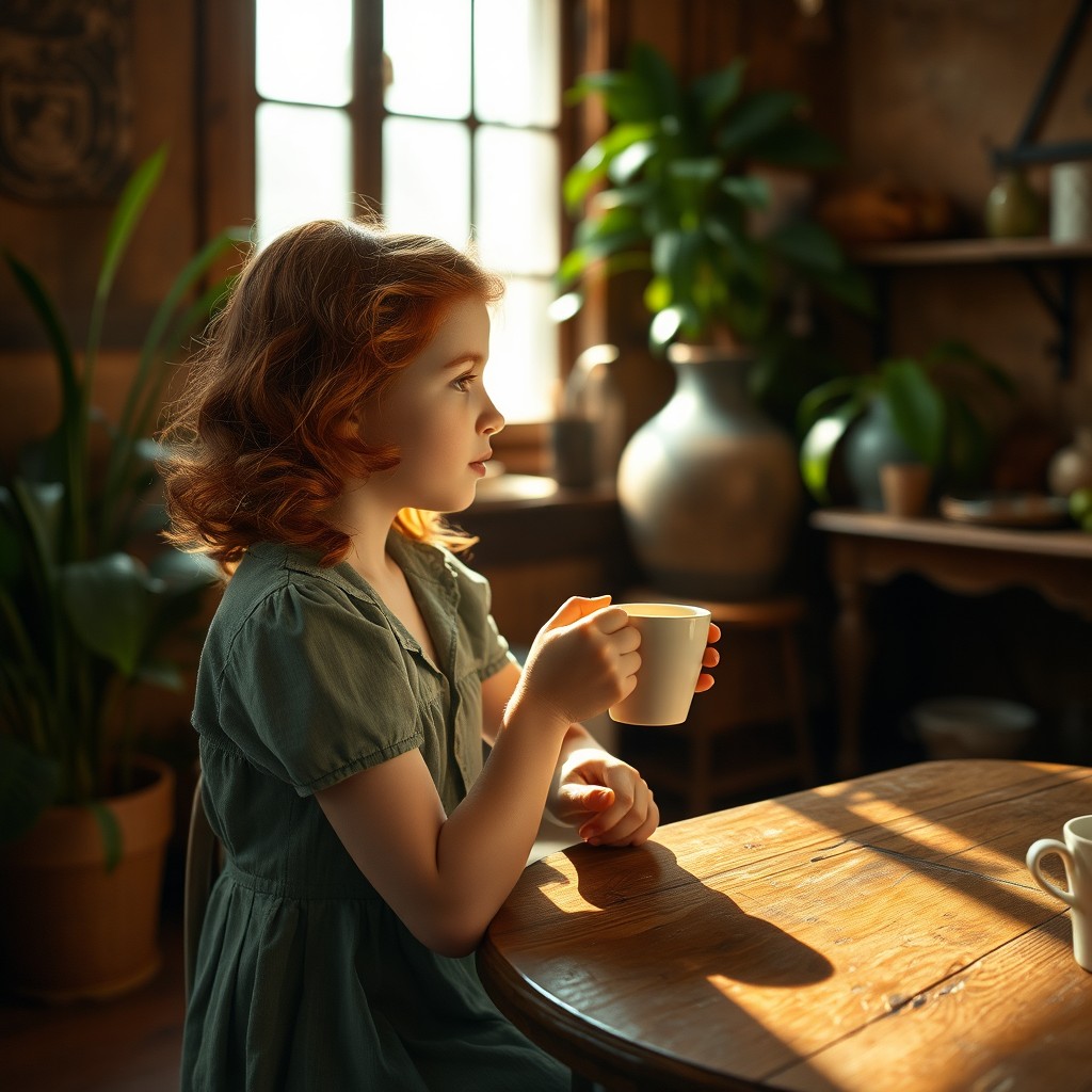 A young red-haired girl sitting at a rustic wooden table in a cozy interior of a house in Rio de Janeiro, Brazil, in the 1940s