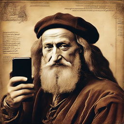 A fun, anachronistic image of a person taking a selfie with Leonardo da Vinci. Da Vinci, in his traditional Renaissance era clothing, is caught looking amused by the smartphone, with his famous works in the background.