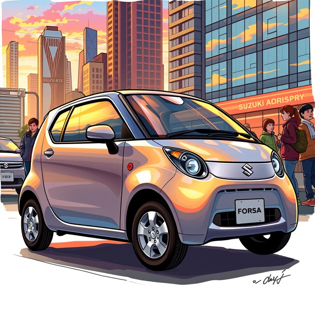 A detailed illustration of a Suzuki Forsa, showcasing its compact design and unique style
