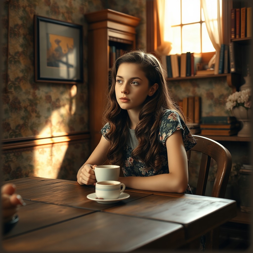 A thoughtful teenage girl seated at a rustic wooden table, enjoying a cup of coffee in a cozy home environment, depicting the interior of a house in Rio de Janeiro, Brazil from the 1940s
