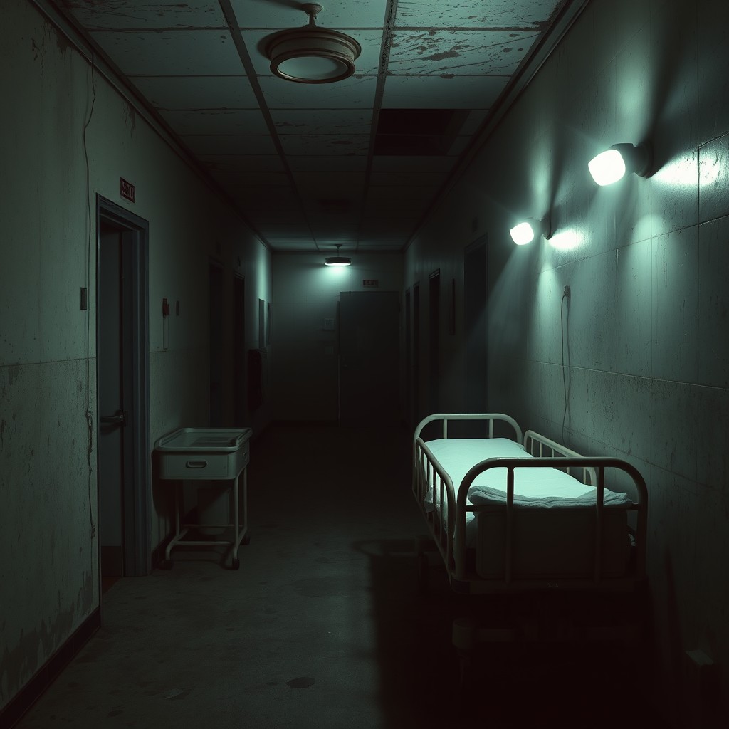 A creepy hospital scene with flickering overhead lights, creating an eerie and unsettling atmosphere
