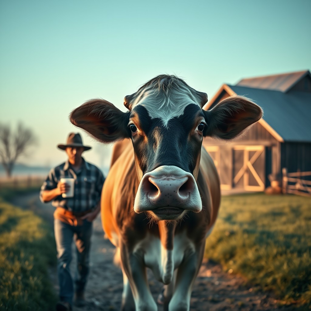 A serene and tranquil morning scene on a dairy farm, showcasing a farmer gently waking up, holding a steaming cup of coffee, as he walks towards the quaint barn