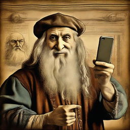 A fun, anachronistic image of a person taking a selfie with Leonardo da Vinci. Da Vinci, in his traditional Renaissance era clothing, is caught looking amused by the smartphone, with his famous works in the background.