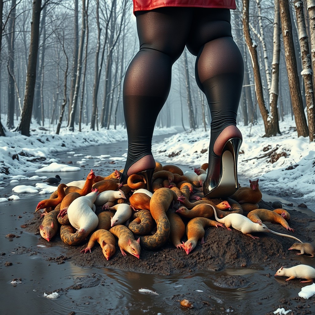 A massive and dominant woman named Velora, viewed from the side, standing in a hyper-realistic snowy, muddy forest