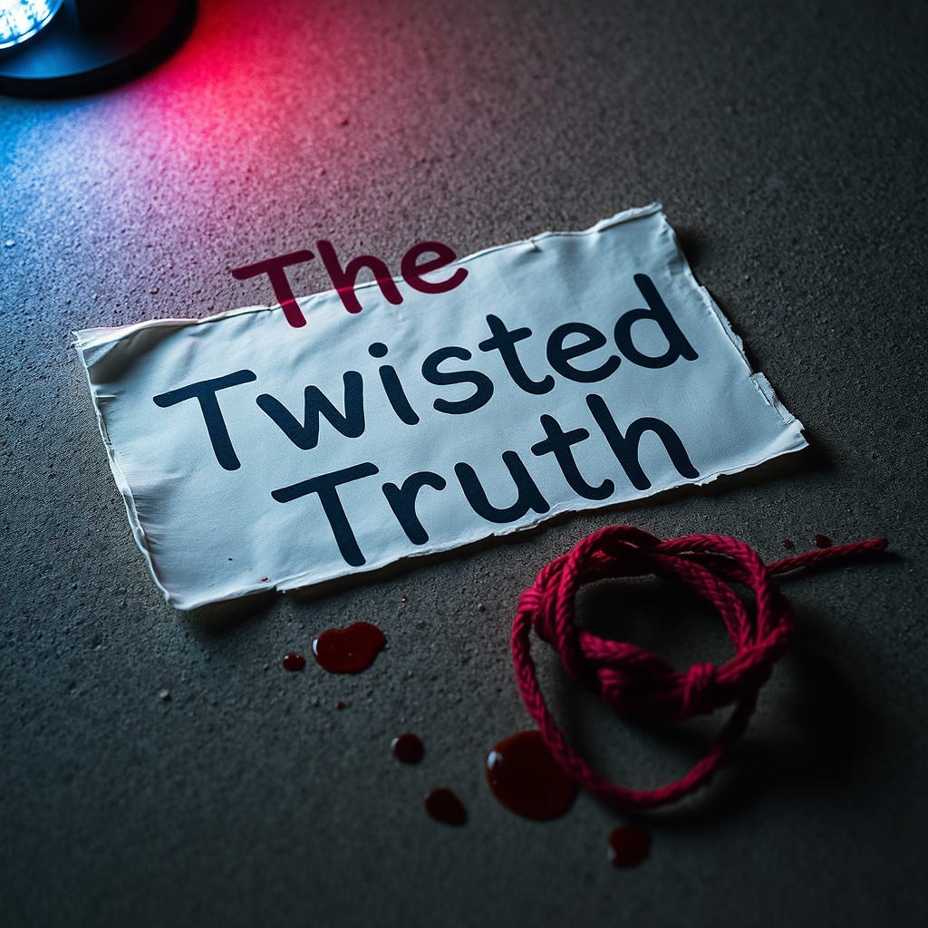 A close-up view of a super ripped piece of paper reading 'The Twisted Truth', showing rugged, torn edges with scattered splatters of blood around it