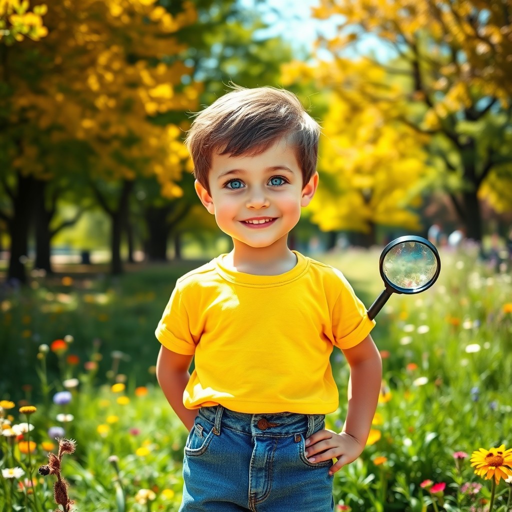 A strong and vigilant young boy named Alex, around 10 years old, with a curious expression on his face