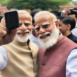 A person taking a selfie with Indian Prime Minister Narendra Modi. Modi, in his iconic kurta and vest, has a warm, affirming smile displaying his charisma.