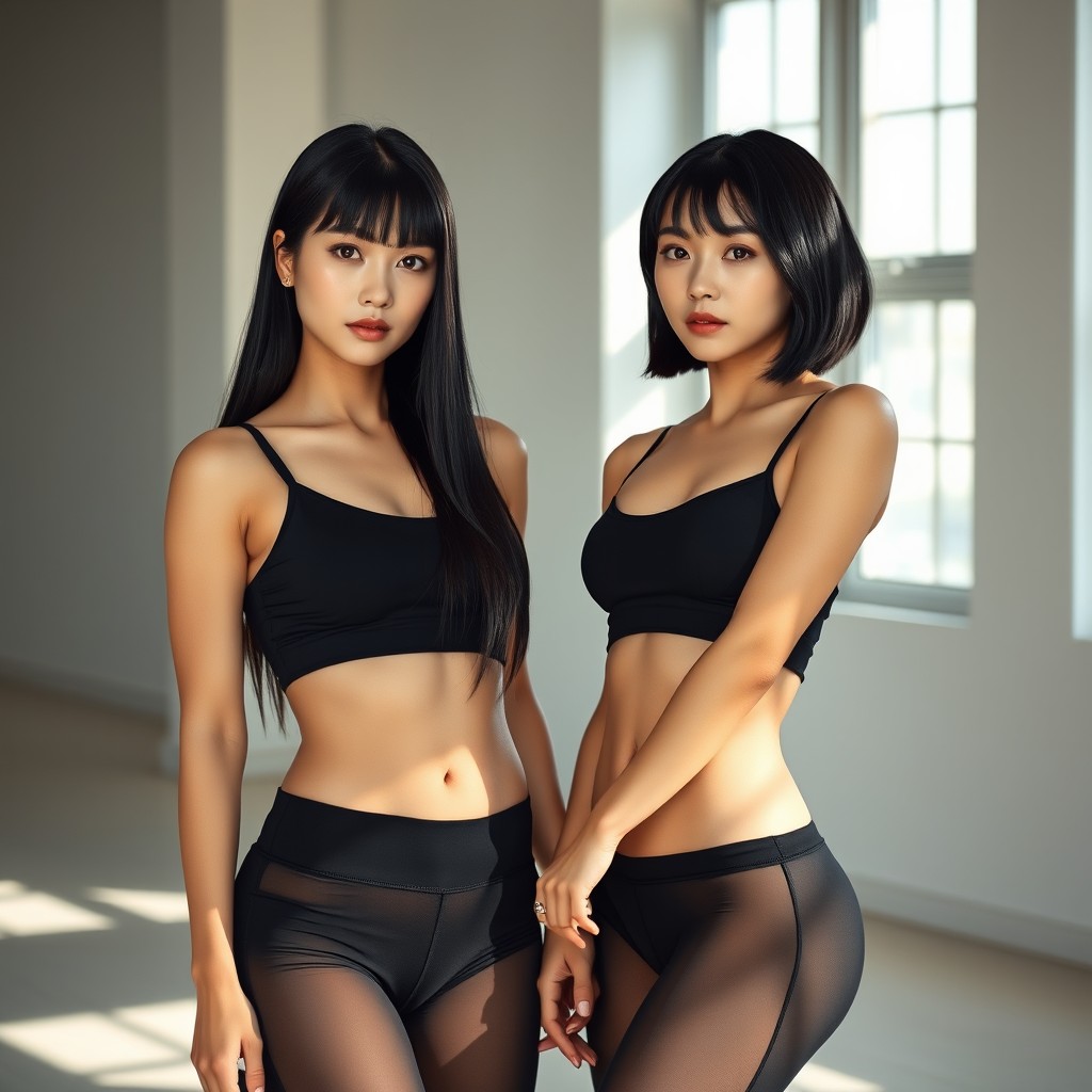 Ultra realistic high-definition photograph of two real Korean women in a studio with soft natural lighting