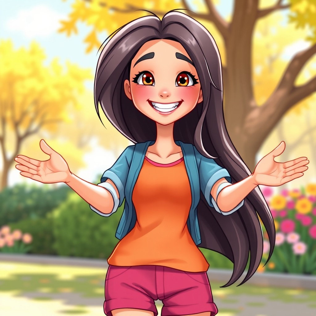 An animated female friend character, featuring a cheerful and friendly expression, with long flowing hair, wearing casual and colorful clothing