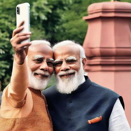 A person taking a selfie with Indian Prime Minister Narendra Modi. Modi, in his iconic kurta and vest, has a warm, affirming smile displaying his charisma.