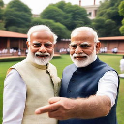 A person taking a selfie with Indian Prime Minister Narendra Modi. Modi, in his iconic kurta and vest, has a warm, affirming smile displaying his charisma.