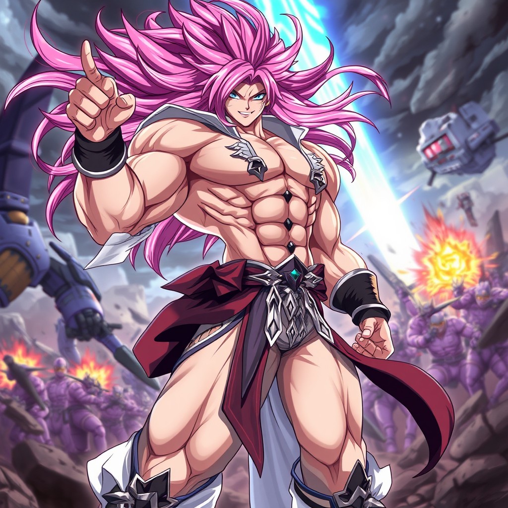 A dynamic and powerful anime character, showcasing muscular and strong physique, wearing a stylish and intricate outfit that emphasizes their strength