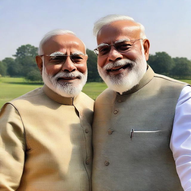 A person taking a selfie with Indian Prime Minister Narendra Modi. Modi, in his iconic kurta and vest, has a warm, affirming smile displaying his charisma.