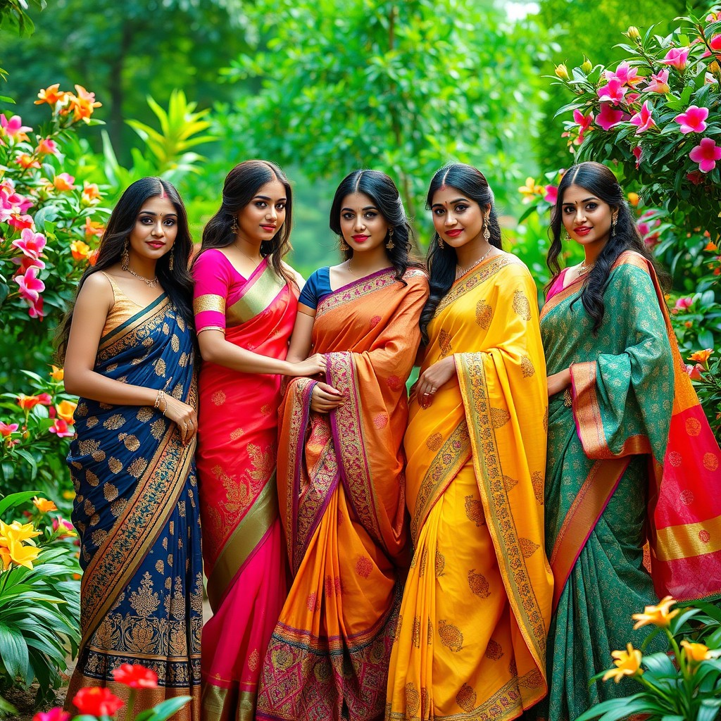 A stunning and elegant scene featuring beautiful women draped in traditional sarees, showcasing a variety of vibrant colors and intricate patterns