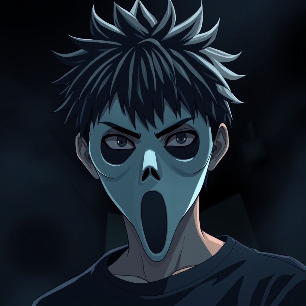 An anime-inspired scene featuring a teenage boy wearing a Ghostface mask, set against a dark, atmospheric background