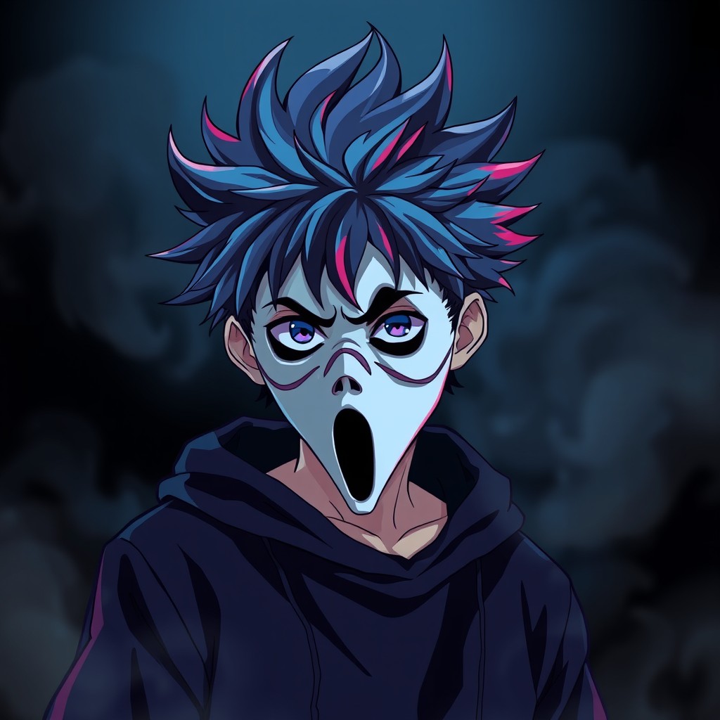 An anime-inspired scene featuring a teenage boy wearing a Ghostface mask, set against a dark, atmospheric background
