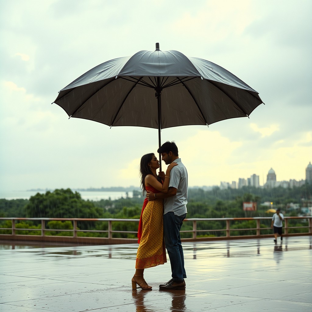 A romantic scene set in Mumbai during the monsoon season in 1985, featuring a couple sharing a tender moment under a large umbrella as rain pours down around them