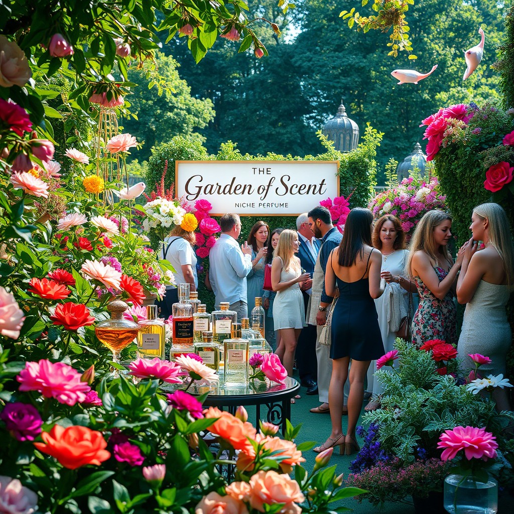 A beautiful visual representation of a niche perfume event titled "Garden of Scent" hosted by "The House of Drops