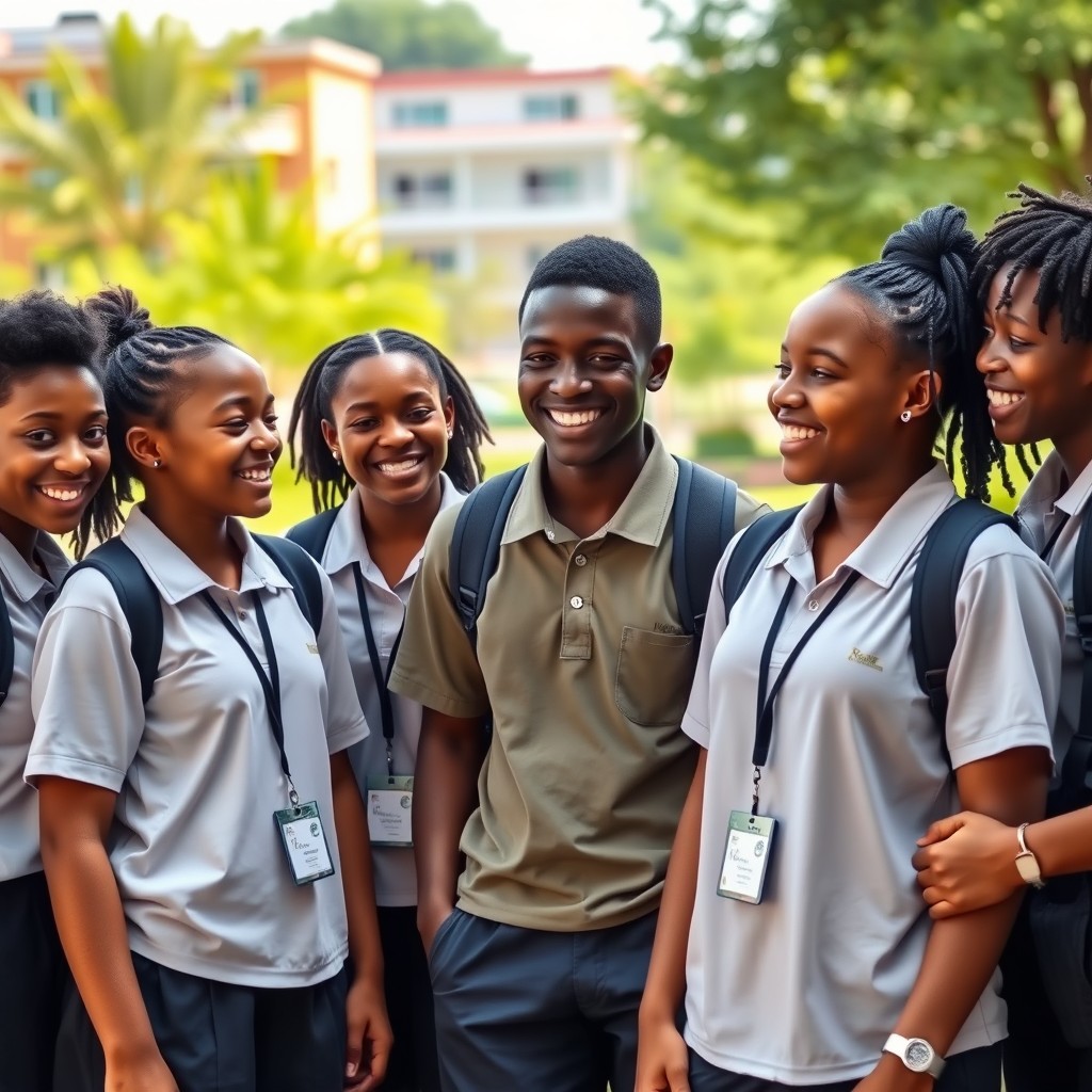 A group of Black adolescent students wearing school uniforms, standing together in a school setting
